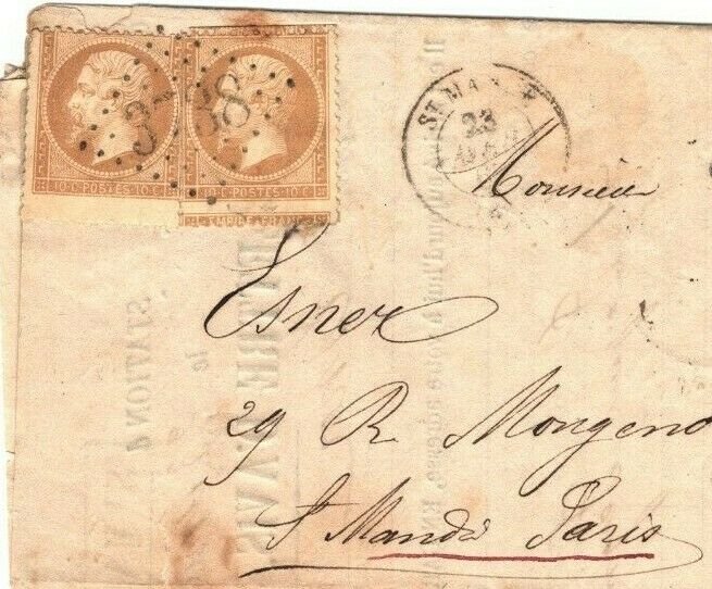 FRANCE Cover CLASSIC 10c Napoleon MIS-PERF VARIETIES *3738* Numeral 1860s GJ125