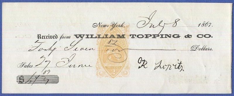 US 1867 Check Sc RN-B1a, William Topping & Co., NY, VF Printed on Both Sides