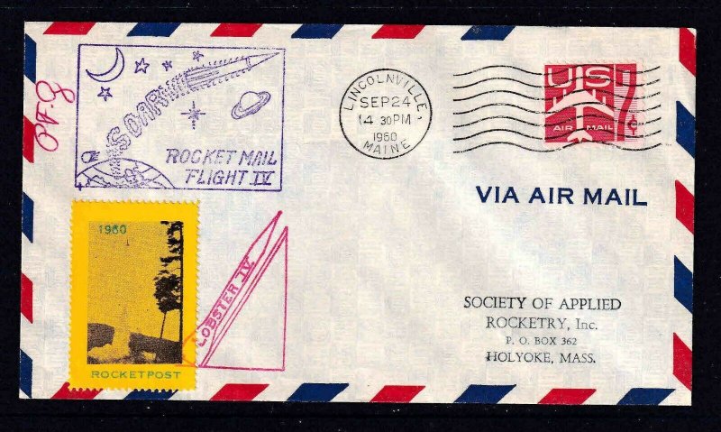 USA ROCKET MAIL SOCIETY OF APPLIED ROCKETRY SEPT 24 1960 VF SOUND