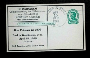 US #UX28 Postal Card Used Commemorating the 75th Anniversary of Lincoln'...