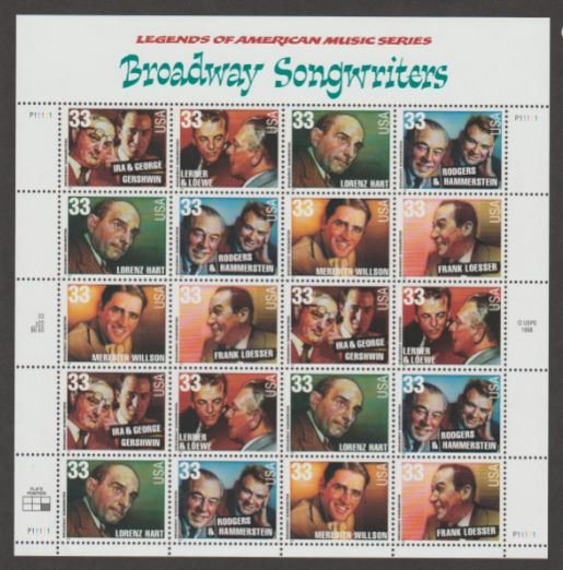 U.S. Scott #3345-3350 Songwriters Stamp - LR Plate Position - Mint NH Sheet