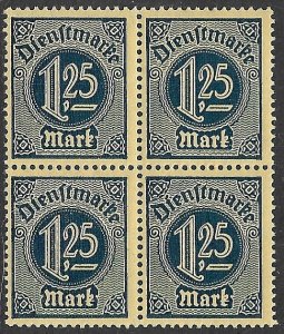 GERMANY 1920-21 1.25m Dark Blue on Yellow OFFICIAL Block of 4 Sc O11 MNH