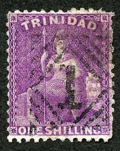 Trinidad SG73 1/- Bright Deep Mauve Wmk Crown CC Perf 12.5 Fine used