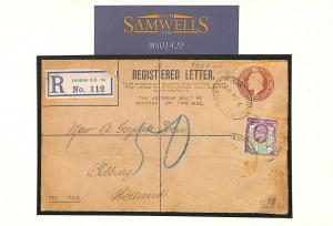 GB KEVII PERFIN STATIONERY 1907 Registered Cover Tilburg {samwells-covers}MS1420