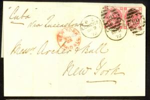 GREAT BRITAIN 1872 QV 3d x2 Cover London to NYC USA via Ship out of Ireland