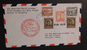 1947 Airmail First Flight Cover FFC Pan American Manila PI to Calcutta India