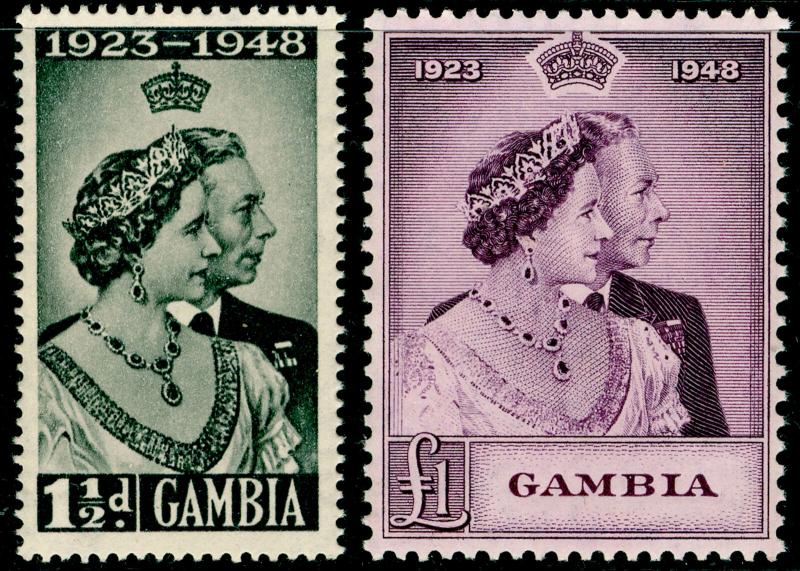 GAMBIA SG164-165, ROYAL SILVER WEDDING set, NH MINT. Cat £21.