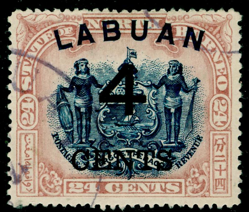 LABUAN SG107c, 4c on 24c blue & lilac-brown, FINE USED. Cat £65. P.16