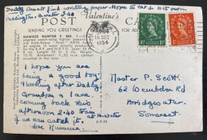 1954 London England RPPC Postcard Cover To Somerset Hawker Hunter RAF Airplane 