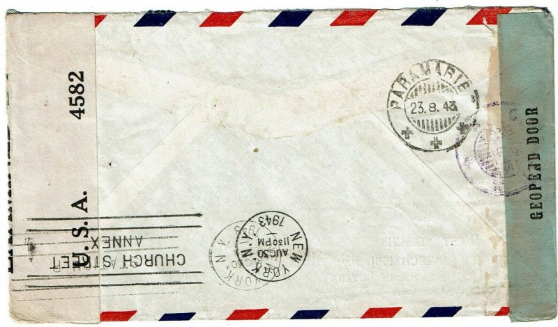 Suriname 1943 Nickerie cancels on airmail cover to U.S., local and U.S. censored