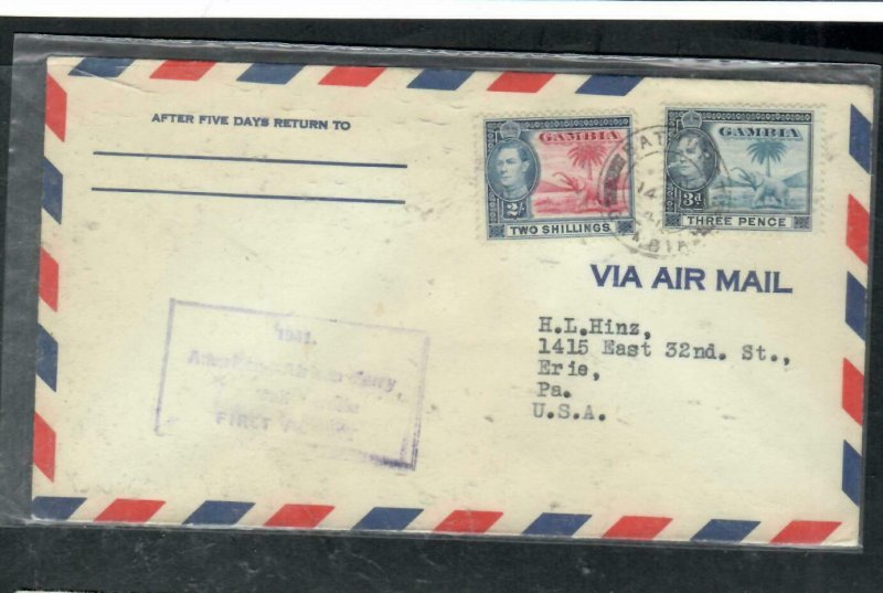 GAMBIA COVER (P3006B) 1947 KGVI 3D+2/- ELEPHANT FF A/M COVER VIA TRINIDAD TO USA