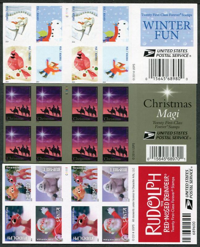 IMPERF 2014 Forever Stamp Booklets - One Each Winter Fun Rudolph Christmas Magi