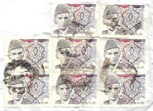 Pakistan #819 Mohammad Al Jinnah.  Block of 6 plus 2- Used on paper - Rs.30