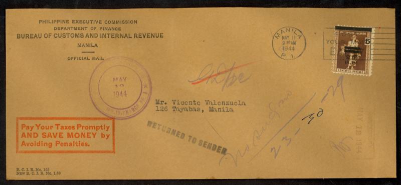 PHILIPPINES JAPAN OCCUPATION 1944 OFFICIAL Corner Card Cover RETURN TO SENDER