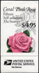 US Stamp #BK242B MNH Coral Pink Rose Unexploded Booklet of 15 Stamps w/Plt #S111