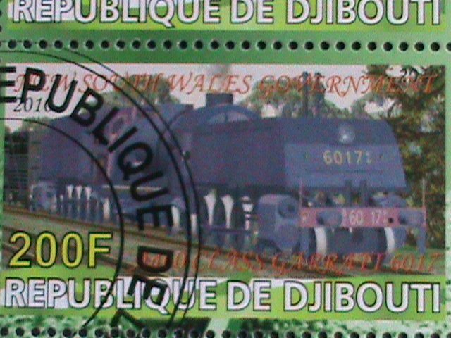 DJIBOUTI-2010 WORLD FAMOUS LOCO MOTIVE TRAINS CTO SHEET VF-WITH FANCY CANCEL