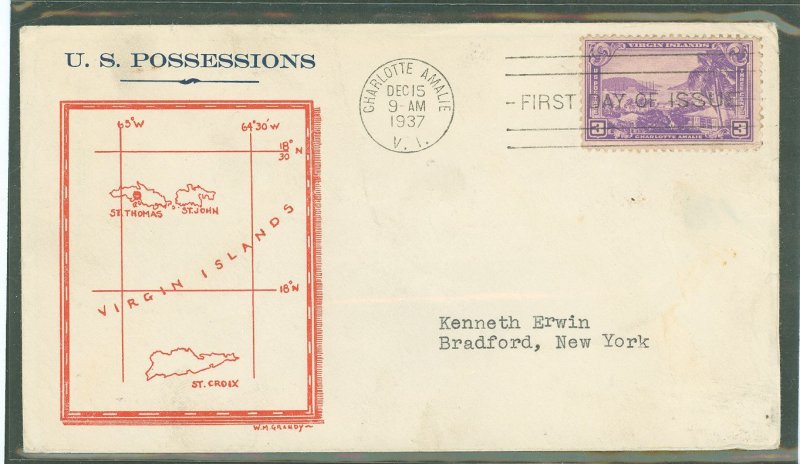 US 802 1937 3ct Virgin Island (part of the US Possession series) on an addressed (typed) first day cover with a Grandy cachet, w