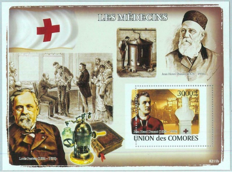 A0341 - COMOROS, ERROR, MISPERF, Souvenir sheet: 2008, Pasteur, Dunant, Medicine