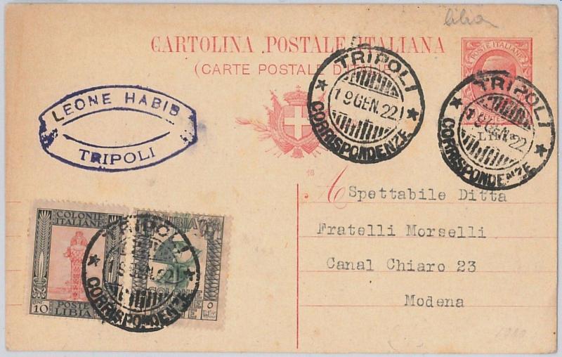 53741 - ITALIA COLONIE: LIBIA -  INTERO POSTALE con francobolli da TRIPOLI  1922