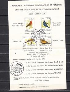 Algeria, Scott cat. 563-566. Various Birds issue on a First day Postal Bulletin.