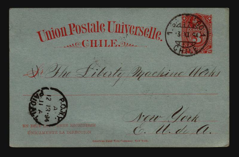 Chile 1894 Postal Card to NY - Z14681