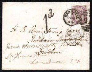 1883 small cover with 1881 1d lilac (16 dots) and large italic 1d in black