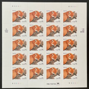 Scott 3036 RED FOX Pane of 20 US $1 Stamps MNH 1998 Plate B3333