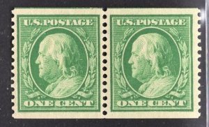 US Stamp #387 One Cent Green Franklin Coil Pair MINT HINGED SCV $450.00