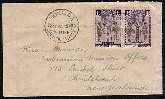 SOLOMON IS 1950 commercial mission cover to New Zealand ex Honiara.........44565