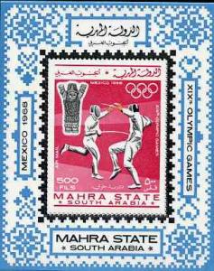 Aden - Mahra 1967 Mexico Olympics perf m/sheet (Fencing) ...