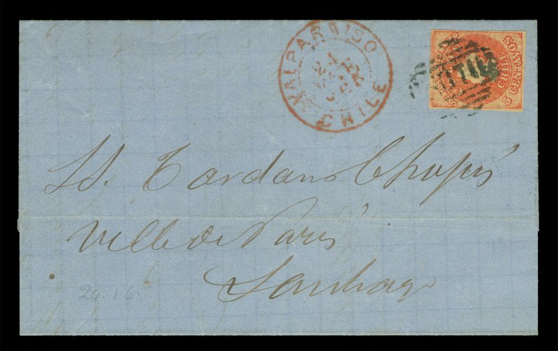 CHILE 1865 COLUMBUS 5c orange red Sc# 9b cxl INUTIL on FL fr/ VAL. to Santiago