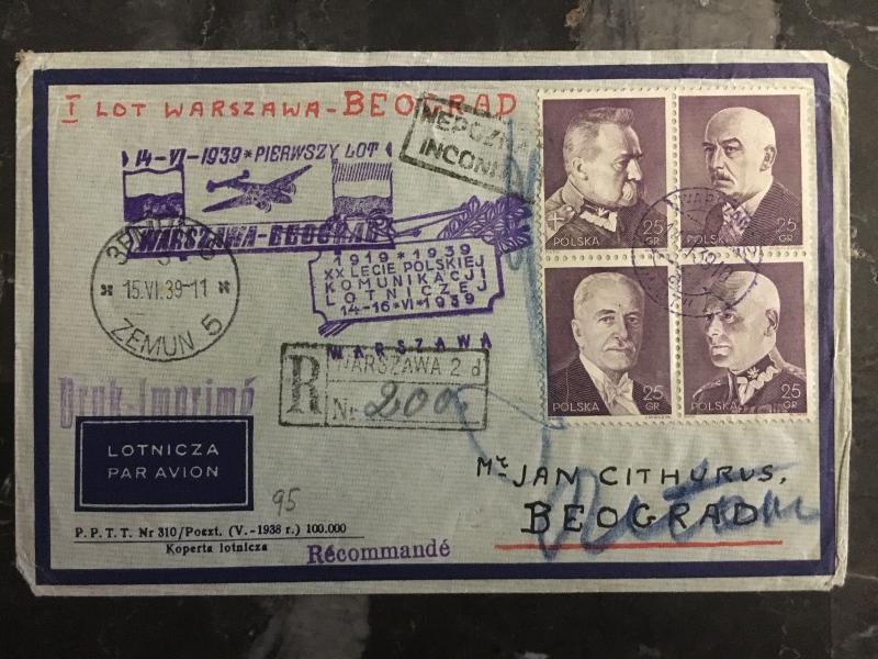 1939 Warsaw Poland Airmail First Flight Cover FFC Belgrad Yugoslavia 100 Flown