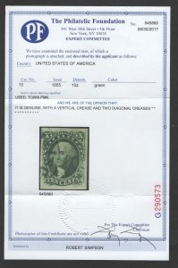 SCOTT #13 - USED -XF - Light Creases - w/PF Cert. - SVC $750  (LB 7/10/23)