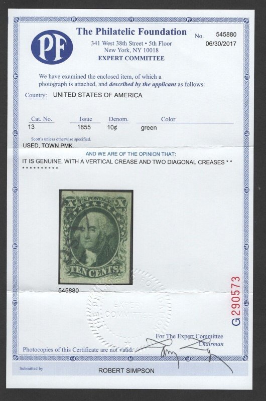 SCOTT #13 - USED -XF - Light Creases - w/PF Cert. - SVC $750  (LB 7/10/23)