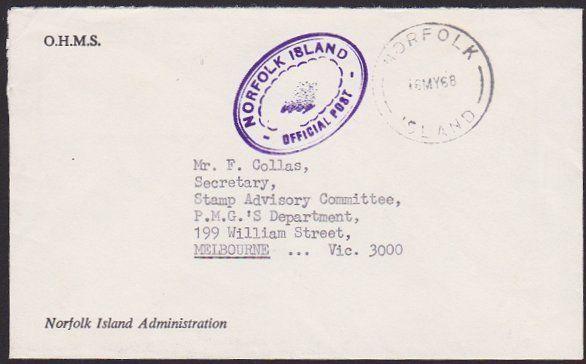 NORFOLK IS 1968 small official cover to Australia..........................67271