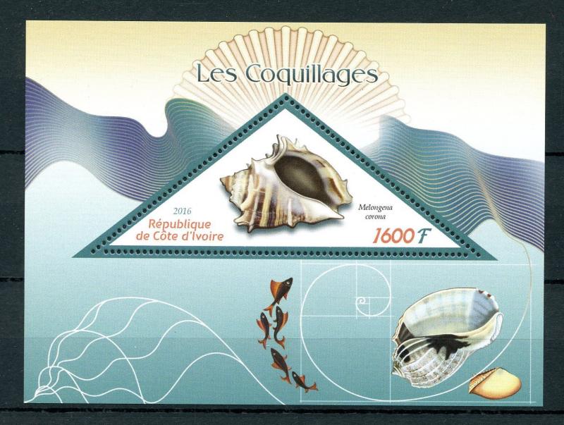 Ivory Coast 2016 MNH Seashells 1v S/S Fish Fishes Shells Marine Stamps
