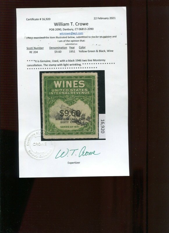 RE204 RARE Wines Revenue Used Stamp with Crowe Cert (Stock RE204 A1)