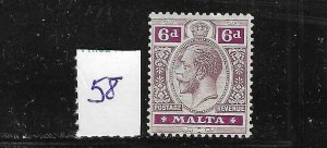 MALTA SCOTT #58 1914-21 6P (DULL VIOLET/RED VIOLET) MINT LIGHT HINGED