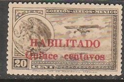 MEXICO C38, 15¢ on 20¢ Early Air Mail Habilitado surcharge. UNUSED, H OG. VF.