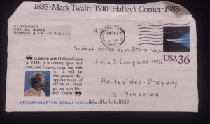 D)1987, U.S.A, LETTER SENT TO URUGUAY, AIR MAIL, MARK TWAIN, 910 HALLEY'...