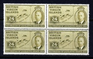 VIRGIN ISLANDS KG VI 1951 24c. Olive  A BLOCK of FOUR SG 134 MNH