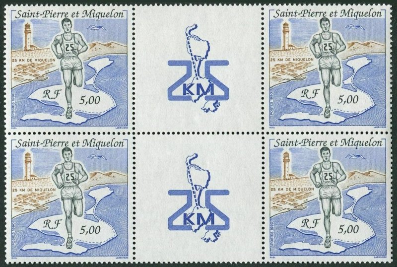 St Pierre & Miquelon 549 gutter block/4,MNH.Mi 596. Runner,Map,Bird,Lighthouse.