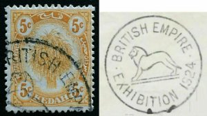 Malaya Kedah 5c Definitive postmark British Empire Exhibition SG#55 M1778