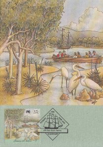 Australia 1988 Maxicard Sc #1030d 37c Longboat, White cranes on shore Arrival...