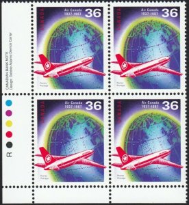 HISTORY = AIR CANADA * PLANE, GLOBE = Canada 1987 #1145 MNH LL Block of 4