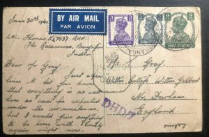 1942 RAF India Airmail Postcard Censored Cover To Durham England