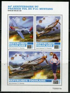 TOGO 2020 80th ANNIVERSARY OF THE FIRST FLIGHT OF MUSTANG P-51 SHEET MINT NH