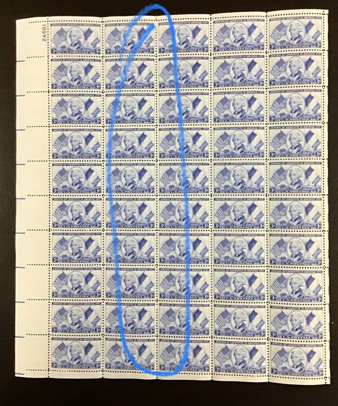 1010 Marquis de Lafayette MNH 3 c stamp Sheet of 50  FV $1.50  1952