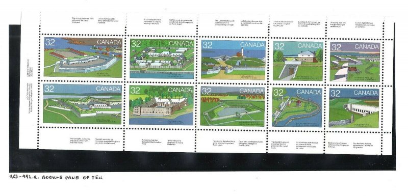 CANADA CANADIAN FORTS #1 BOOKLET PANE SCOTT 992a VF MINT NH (BS15343)