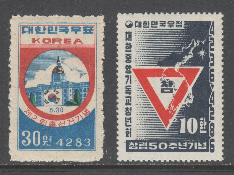 Korea Sc 118, 195 MNH. 1950 National Assembly and 1953 YMCA issues, 2 cplt sets